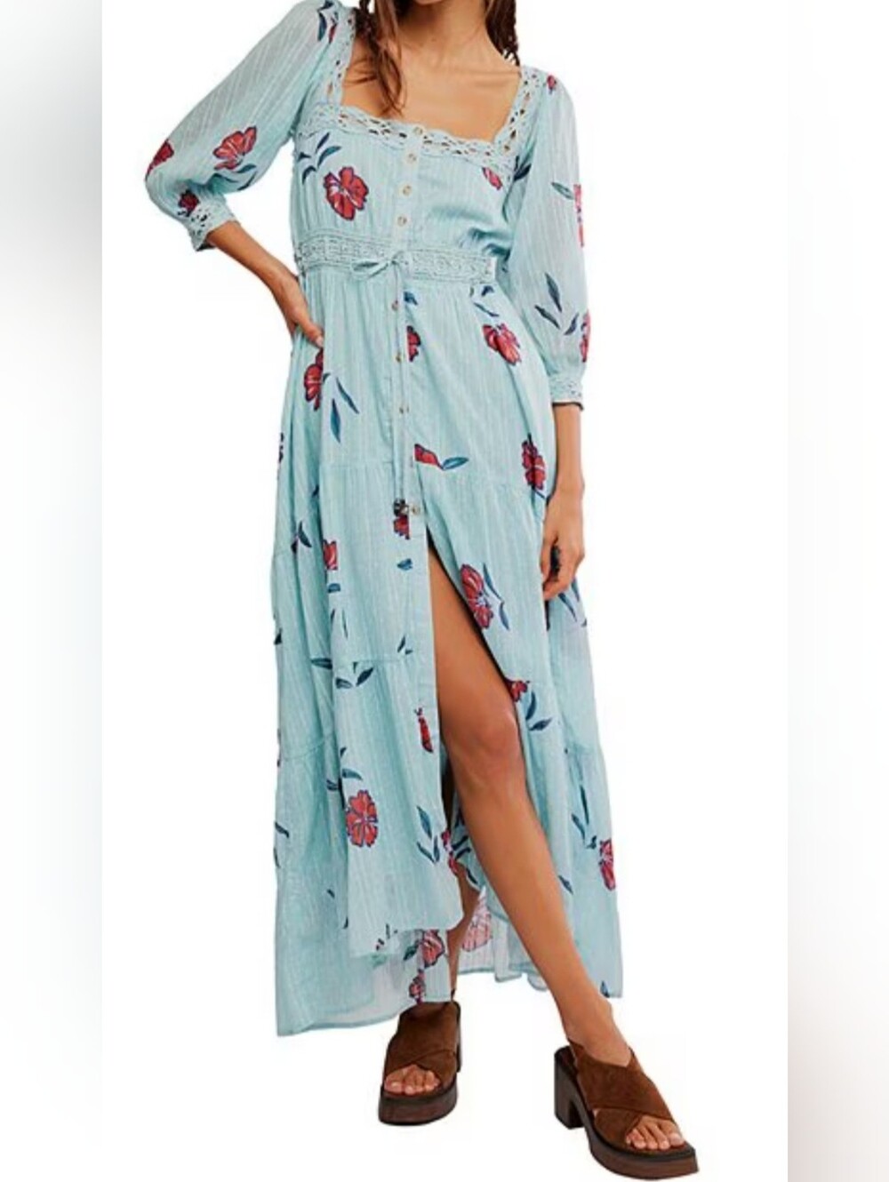 Free People Morning Meadows Floral Lace Trim Maxi Dress